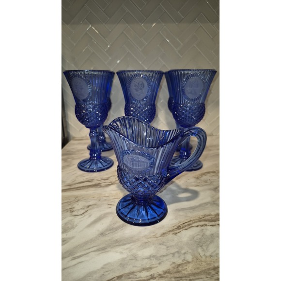 Vintage Avon Fostoria George/Martha Washington Cobalt Blue Goblets with Pitcher - Picture 1 of 7